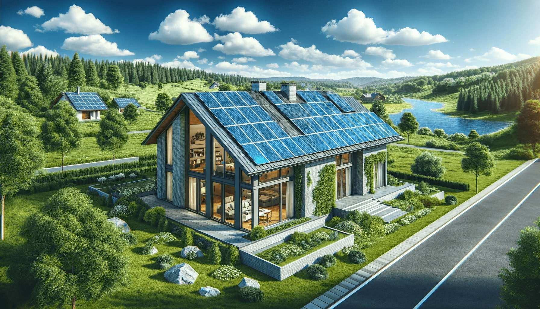 casa moderna con pannelli solari sul tetto, immersa in un paesaggio verde