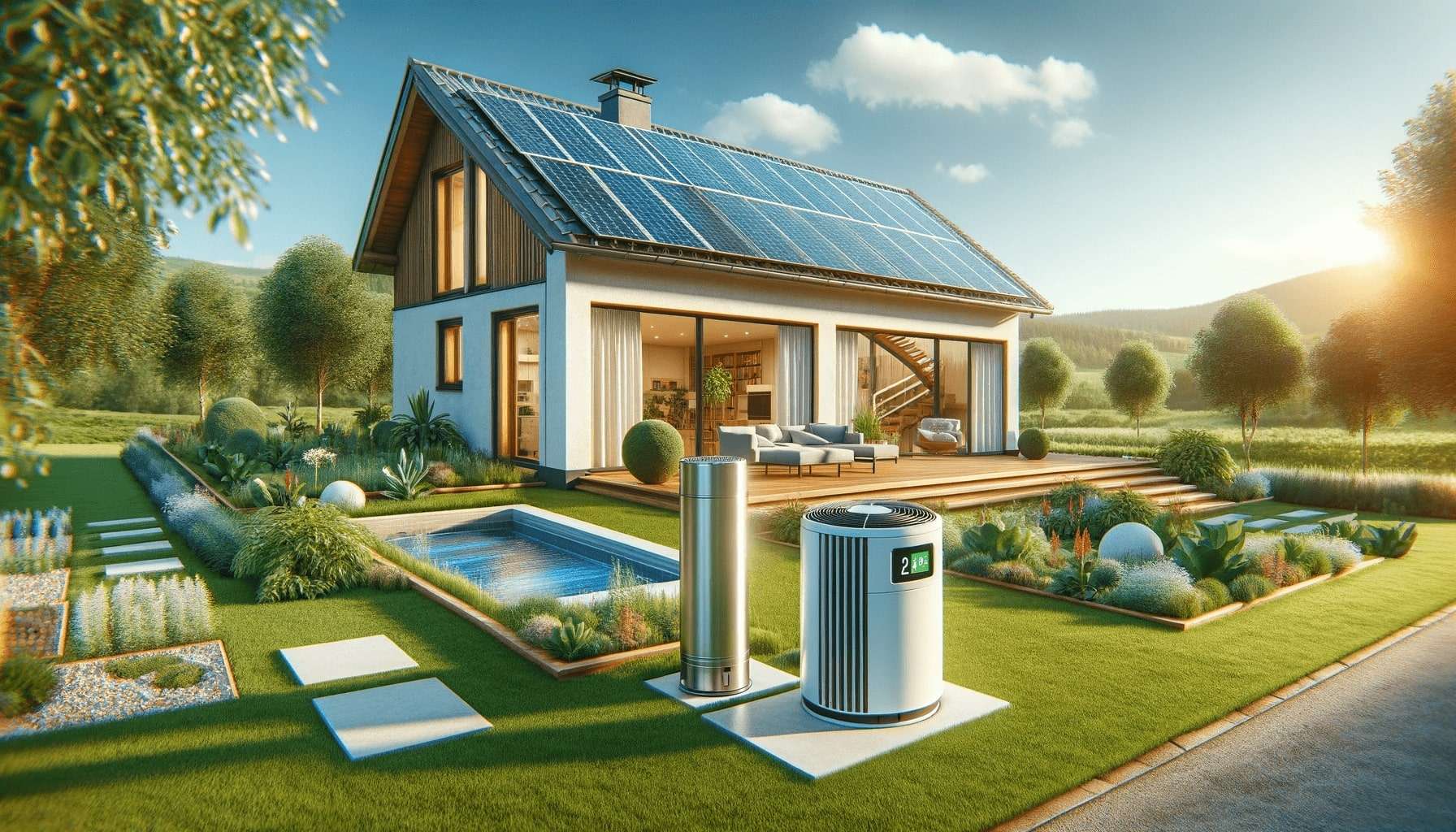 casa moderna ed ecologica con pannelli solari sul tetto e un sistema di pompa di calore nel cortile
