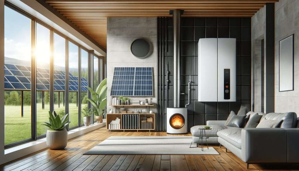 soggiorno moderno con soluzioni di riscaldamento ecocompatibili