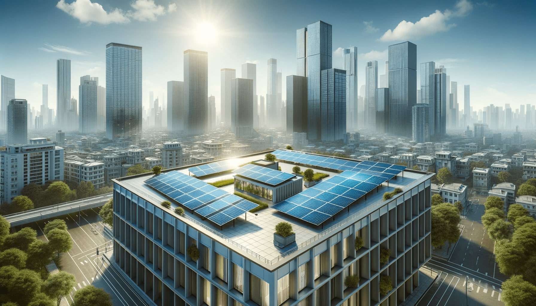 tetto moderno coperto di pannelli solari in un ambiente urbano